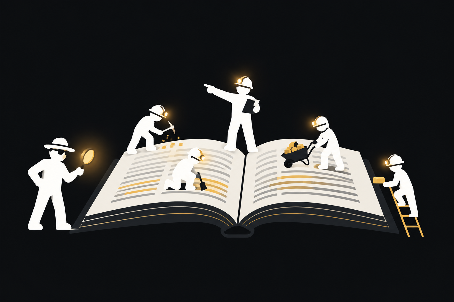 Kleine Bergleute arbeiten an einem aufgeschlagenen Buch
